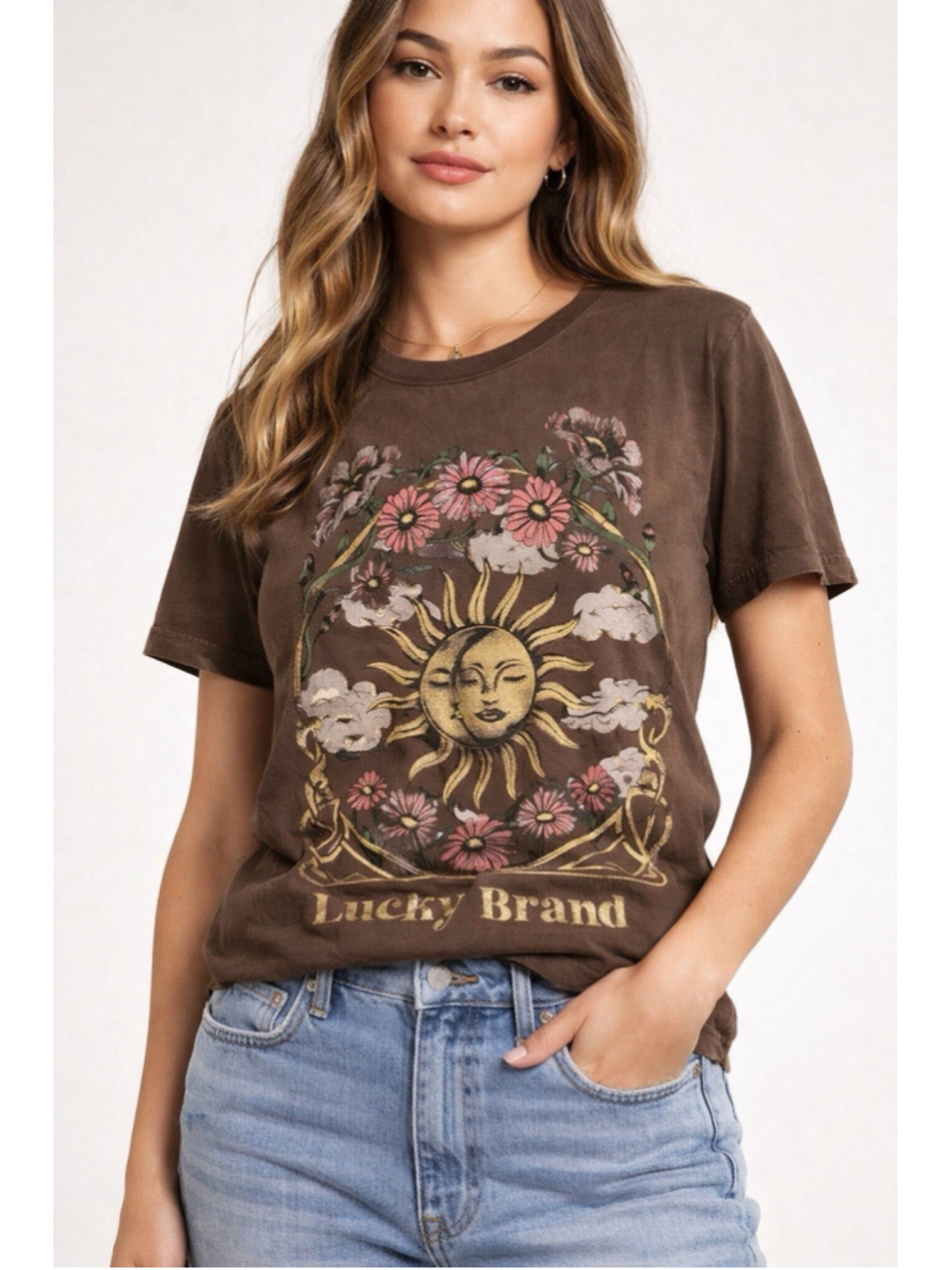 Lucky Brand Celestial Sun Moon Floral Graphic Tee Womens Small Boho NWT Shirt